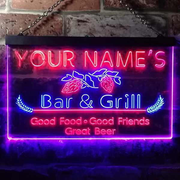 Personalized Bar Grill Dual LED Neon Light Sign
